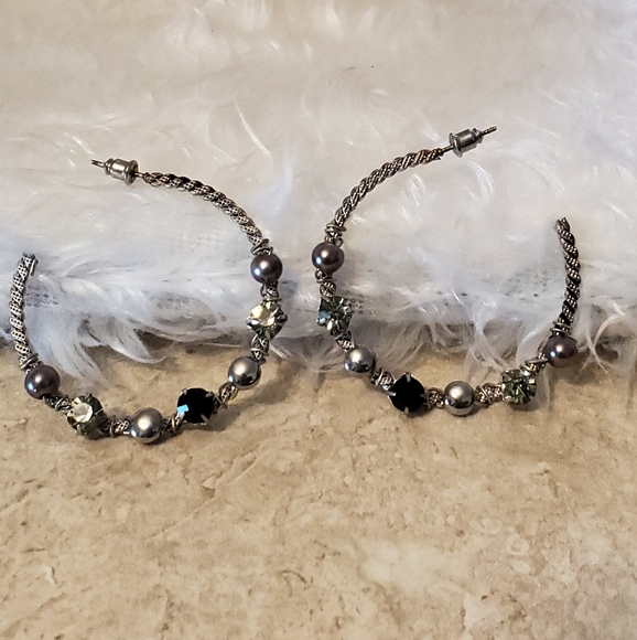 E0223 Silver Coiled Crystal Accent Open Back Hoops - Picture 7 of 8